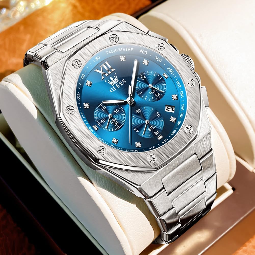OLEVS Watches for Men Dress Stainless Steel Big face Waterproof Luxury Men’s Wrist Watch with Date Casual Blue/Black/Gold/Silver Reloj para Hombre