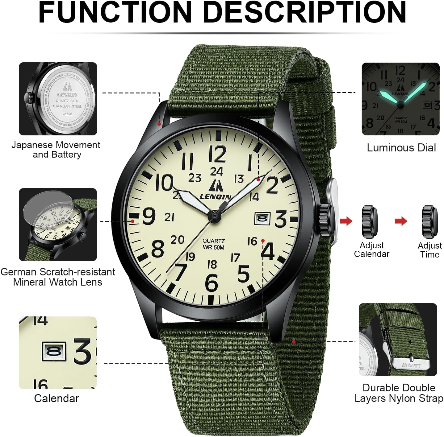 LN LENQIN Mens Watches Unisex Military Sport Nylon Strap Stylish Luminous Fashion Analog Quartz Watch for Men Waterproof Army Tactical Casual Wristwatch