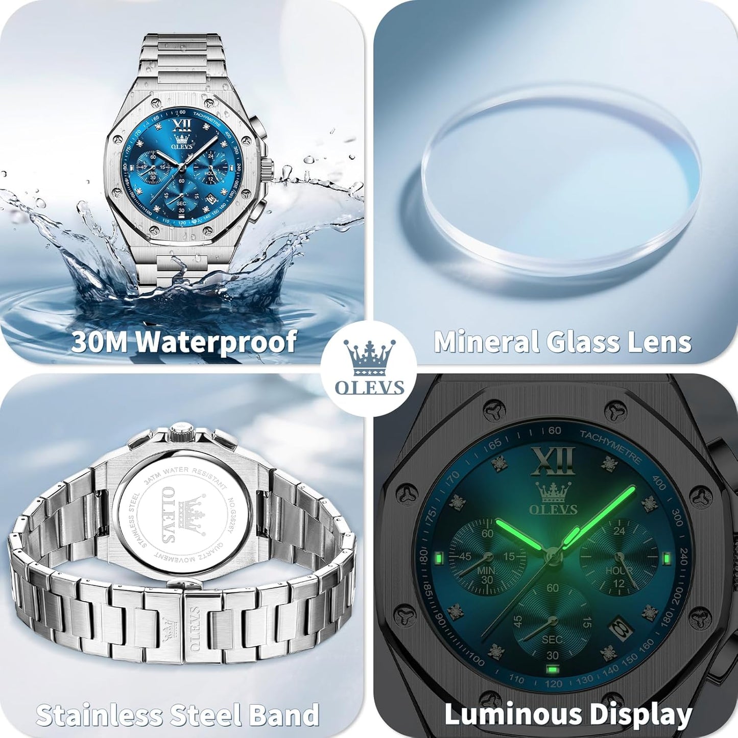 OLEVS Watches for Men Dress Stainless Steel Big face Waterproof Luxury Men’s Wrist Watch with Date Casual Blue/Black/Gold/Silver Reloj para Hombre