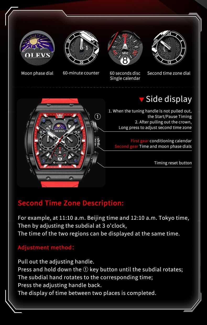 OLEVS Watches for Men Casual Luxury Large Face Multifunctional Chronograph Men's Watches Durable Silicone/Nylon Strap 3ATM Waterproof Men Watch Date Moon Phase Analog Quartz Watch Reloj para Hombre