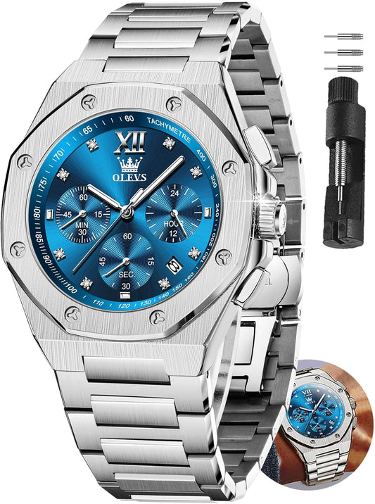 OLEVS Watches for Men Dress Stainless Steel Big face Waterproof Luxury Men’s Wrist Watch with Date Casual Blue/Black/Gold/Silver Reloj para Hombre