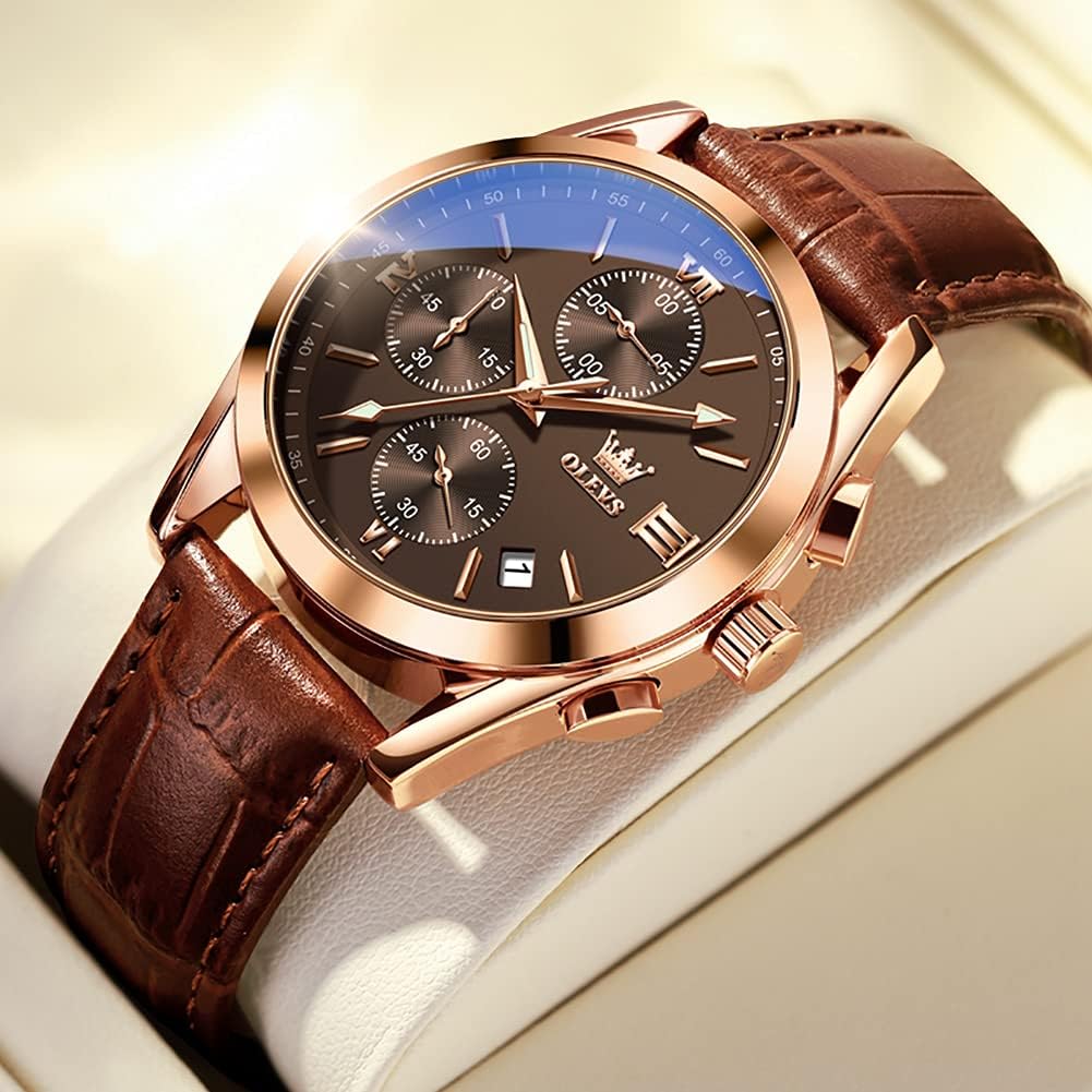 OLEVS Men's Casual Leather Watch, Big Face Chronograph Watch for Men, Fashion Easy to Read Dress Watch, Men's Waterproof Luminous Date Analog Watch, Gold/Black/White/Blue Dial